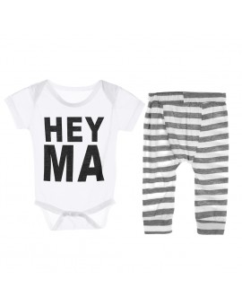  2pcs Baby Kids Casual Clothes Toddlers Short Sleeve Letter Print Tops + Stripe Pants Outift 