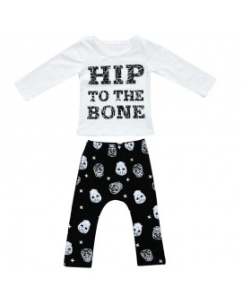  2pcs Kids Clothes Set Infant Boys Girls Cotton Letter Print Long Sleeve T-shirt+Skull Heads Patterns Harem Pants Outfits