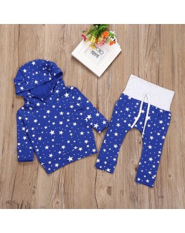  2pcs Newborn Fashion Clothing Set Baby Infant Blue Star Print Cotton Hoodie Tops +Trousers Outfits Boys Girls Clothing Set 