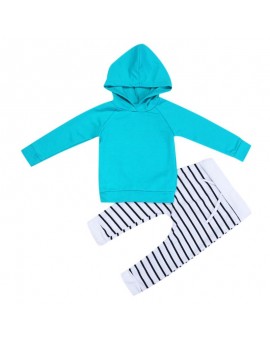  2pcs/set New Baby Girl Boy Clothes Infant Autumn Winter Warm Long Sleeve Solid Hooded Top + Striped Pants Outfits Kids Clothing