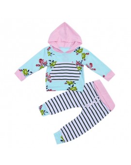  2pcs/set Unisex Baby Boys Girls Clothing Set Fashion Kids Long Sleeve Printed Hooded Tops+Striped Long Pants Baby Clothes Set