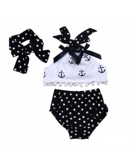  3pcs Baby Girl Anchor Ruffles Sleeveless Top + Polka Dot Briefs + Headband Outfits Kids Summer Clothing Set