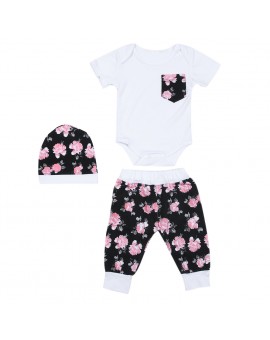  3pcs Baby Girls Summer Clothing Set Infant Short-sleeved Bodysuit + Floral Long Pants + Hat Suit Kids Cotton Clothes