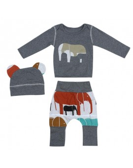  3pcs Cartoon Animal Baby Clothes Set Boys Girls Elephant Print Long Sleeved Top Tees + Pants + Hat Outfits Infant Clothing