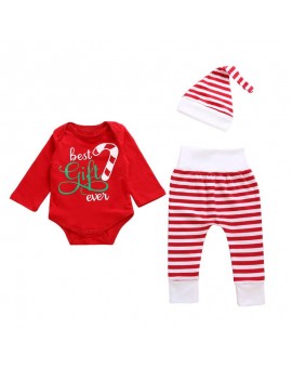  3pcs Christmas Kids Clothes Set Infant Boys Girls Cotton Letter Print Long Sleeve Jumpsuit + Striped Pants + Cap Outfits
