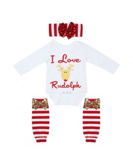  3pcs Girls Christmas Clothes Set Baby Long Sleeve Bodystuit + Knee Pad + Headband Outfits Kids Fashion Clothing