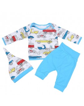  3pcs Newborn Baby Clothes Set Baby Car Printed Long Sleeve T-shirt + Blue Pants + Hat Outfits Boys Girls Fashion Clothing