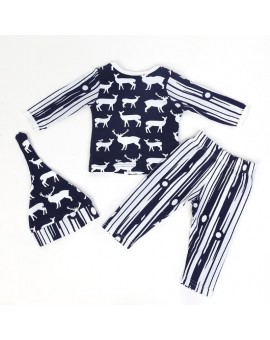 3pcs Newborn Casual Clothing Set Infant Baby Boys Long Sleeve Deer Print Top + Pants + Hat Outfits Kids Clothes