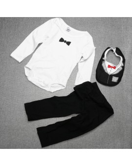 3pcs/set Baby Fashion Clothing Infant Toddler Kids Gentleman Design Bib + Long Sleeve Shirt + Pants Clothes Set 