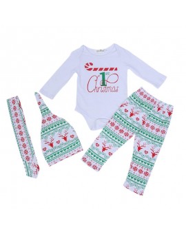  4pcs Baby Casual Clothes Set Boys Girls Christmas Long Sleeve Jumpsuit + Elk Print Pants + Hat + Headband Outfits Kids Clothing