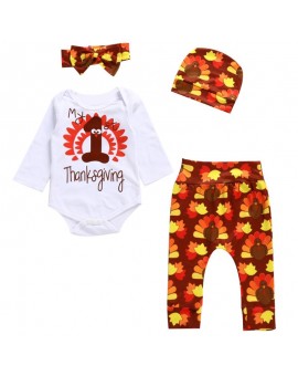  4pcs/set Thanksgiving Day Baby Clothes Newborn Boys Girls Cartoon Jumpsuit Tops + Pants + Hat + Headband Oufits
