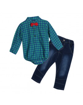 Baby Boys Gentlemen Bowknot Plaid Shirt Rompers Pants Outfit Toddler Kids Fashion Clothes Set 