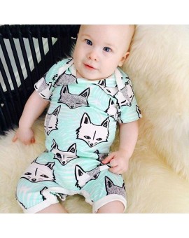  Baby Boys Girls Romper Infant Newborn Short Sleeve Cartoon Fox Print One-pieces Jumpsuit + Bib Outfits 