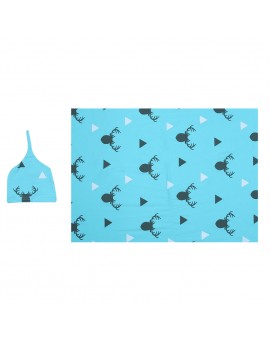  Newborn Cotton Blanket Baby Soft Warm Deer Print Blue Swaddle Blanket + Hat Set Infant Bath Towel Kids Wraps