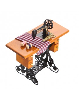 1:12 Retro Sewing Machine with Thread Scissors Wood Metal Dollhouse Accessories Model Pretend Play Toy