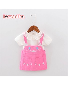 Lawadka Baby Lace T Shirts+Dress 2Pcs Short Sleeve Cat Pattern Baby Party Birthday Girls Kids Cotton Dresses Princess Style