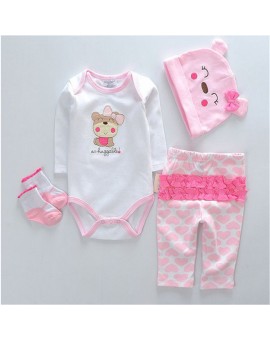 Newborn Boys Girls Romper Set Pure Cotton Cartoon Jumpsuit Climb Cute Clothes 4 Pcs(hat + romper + pants + socks)Baby Gift