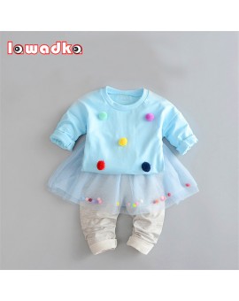 Very Cute Baby Girls Set Cotton T shirt and Tutu Balls Girls Pants with Soft Mesh Lace Princess style Girls Clothes 