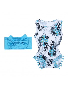  2pcs Baby Kids Floral Bodysuit Girls Sleeveless Blue Tassel Jumpsuit + Headband Outfits Infant Summer Spandex Clothes