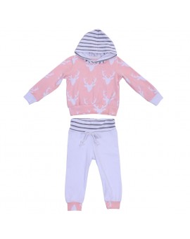  2pcs Christmas Unisex Kids Clothes Baby Girls Boys Reindeer Print Hooded Tops + Pants Outfits Newborn Casual  Clothing