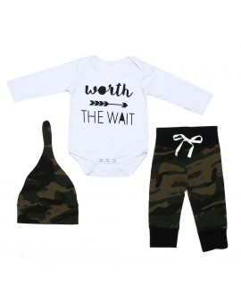  3pcs Baby Boys Clothing Set Toddler Kids Cotton Long Sleeve Bodysuit Top + Camouflage Pants + Hat Outfits Baby Clothes