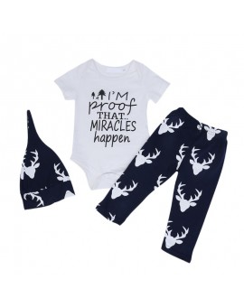  3pcs Casual Unisex Clothing Set Baby Girl Boy Long Seeve Letter Print Jumpsuit + Cartoon Deer Print Pants + Hat Outfits