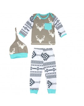  3pcs Newborn Unisex Clothes Set Infant Toddler Kids Baby Boy Girl Deer Print Long Sleeve Top + Pants + Hat Outfit 