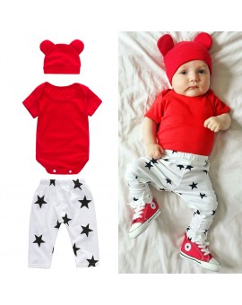  3pcs/set Baby Casual Clothes Infant Toddler Kids Short Sleeve T-shirt Tops + Star Print Pants + Hat Outfit 