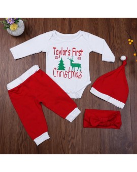  4pcs/set Baby Christmas Clothes Infant Unisex Deer Letters Print Bodysuit+ Pants + Hat + Headband Outfits for Baby Boys Girls