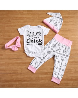  4pcs/set Baby Girls Clothing Set Infant Letter Printed Cotton Bodysuit + Pant + Hat + Headband Summer Casual Outfits