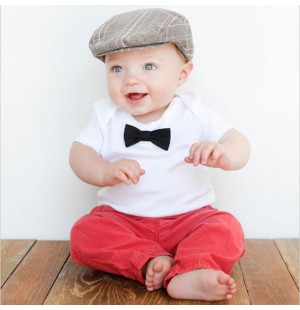 Baby Kids Fashion Clothing Boys Tie Short Sleeve T-shirt Tops + Pants Trousers Outfit Children Clothes