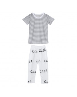  Baby Kids Short Sleeve Striped T-shirt Tops + Letter Print Pants Outfit Infant Casual Clothing Set Boys Girls Clothes