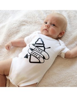  Baby Milk Bottle Print Bodysuit Baby Girl Boy Love Milk Short Sleeve Cotton Jumpsuit Outfits Newborn Casual Clothes