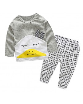  Chidren Unisex Clothing Set Baby Girls Boys Cartyoon Long Sleeve T-Shirt + Plaid Pant Suits Kids Cotton Clothes 