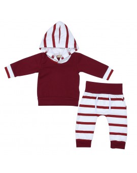  Infant Baby Boys Girls Cotton Clothes Toddler Kids Wine Red Long Sleeve Hoodies Tops + Stripe Pants Outfits