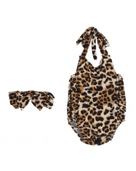  Infant Kids Leopard Print Sleeveless Jumpsuit Summer Fashion Baby Bodysuit with Headwear