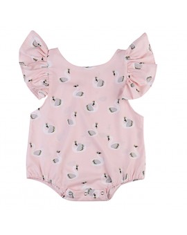  Infant Swan Print Pink Bodysuit Baby Girls Pink Puff Sleeve Jumpsuit Clothes Toddler Kids Summer Sunsuit 
