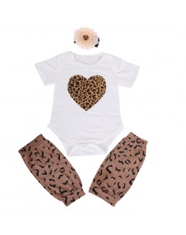  New Infant Casual Clothing Baby Girl Heart Shape Leopard Print Bodysuit+Shorts+Headband Outfit Kids Summer Clothes