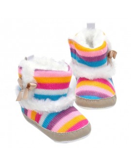  New Winter Warm Fleece First Walker Baby Girl Toddler Kids Colorful Striped Snow Boots Anti-slip Shoes 