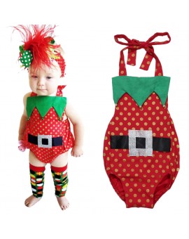  Newborn Baby Girls Christmas Bodysuit Infant Cotton Blend Halter Backless Polka Dots Jumpsuit Toddler Kids X-mas Clothes