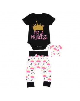  Newborn Casual Clothing Set Baby Girls Crown Print Short Sleeve Bodysuit Jumpsuit + Pants + Headband 3pcs Outfits