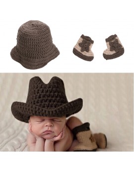  Newborn Handmade Baby Photo Props Infant Knitted Cowboy Costume Hat Boots Outfits Photography Props Baby Clothes