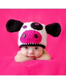  Newborn Infants Cow Design Hat Cartoon Crochet Knitted Cap Beanie Baby Photography Prop 
