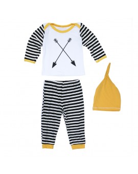  Newborn Unisex Cotton Clothing Set Baby Girls Boys Clothes Playsuit Long Sleeve Top + Striped Pants + Hats Outfits