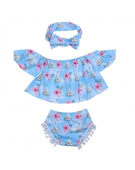  Pretty Infant Flower Print Clothes Set Baby Girl Off Shoulder Floral Ruffle T-shirt + Shorts + Headband Outfits Kids Clothing