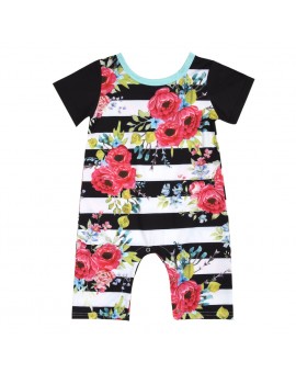  Striped Floral Baby Rompers Infant Baby Girls Short Sleeve Jumpsuit Outfit Toddler Kids Summer Sunsuit Clothes 