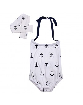  Summer Baby Girls Bodysuit Infant Anchor Print Sleeveless Halter Jumpsuit with Headband 