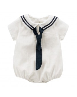  Summer Newborn Baby Boys Bodysuit Tie Naval Style White Short Sleeve Sailor Collar Jumpsuit Boys School Style Clothes