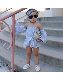  Toddler Kids Baby Girls Romper Infant Blue White Stripe Jumpsuit Newborn Cotton Off Shoulder Sunsuit Outfits 