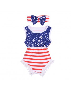  Toddler Kids Cute Bodysuit Blue Red White Star Print Baby Jumpsuit + Headscarf Outfits Infant Summer Clothes